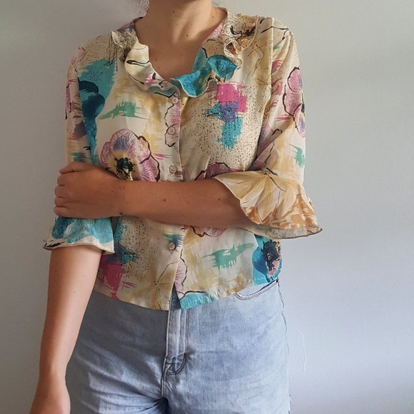 1990’s Floral Blouse with Ruffled Sleeves & Collar